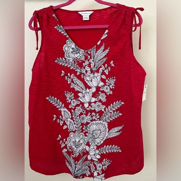 Liz Claiborne Red Floral V-Neck Sleeveless Tie Shoulders Tank Top NEW - Picture 2 of 14